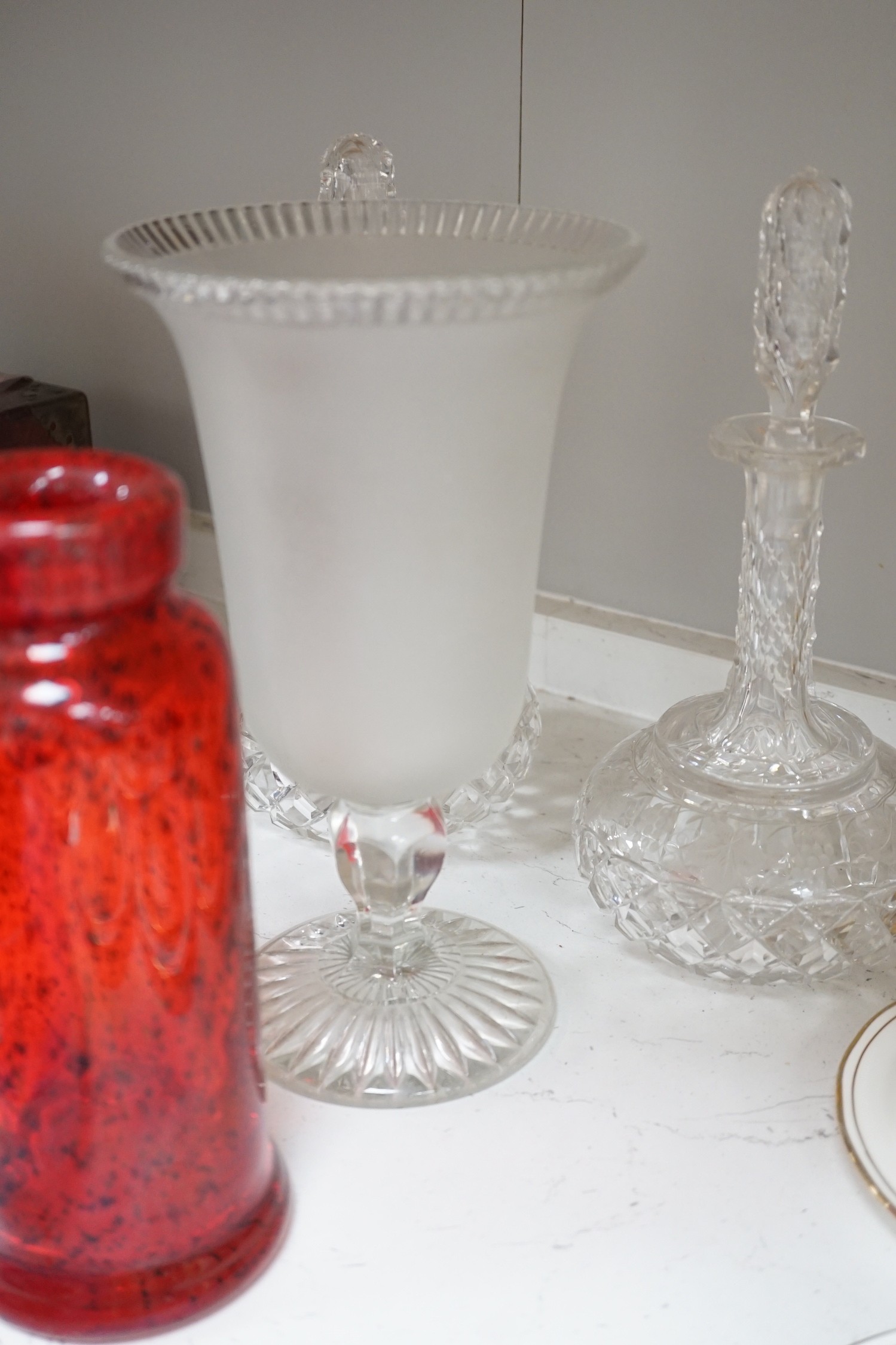 A Sowerby's type pressed glass swan and other glassware, (6) largest 32cm diameter